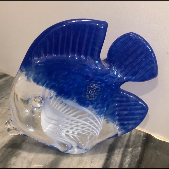 Czech Republic Art Glass Fish Figurine Blue White Lattice Swirl Labeled - Picture 2 of 8